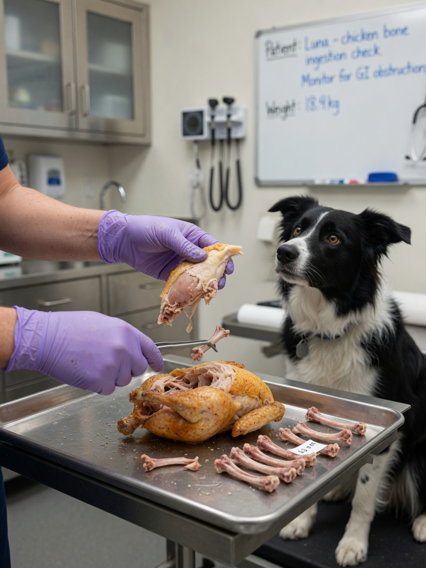 Veterinarian's hands carefully removing bones from rotisserie chicken while a black and white border collie watches from beside the examination table