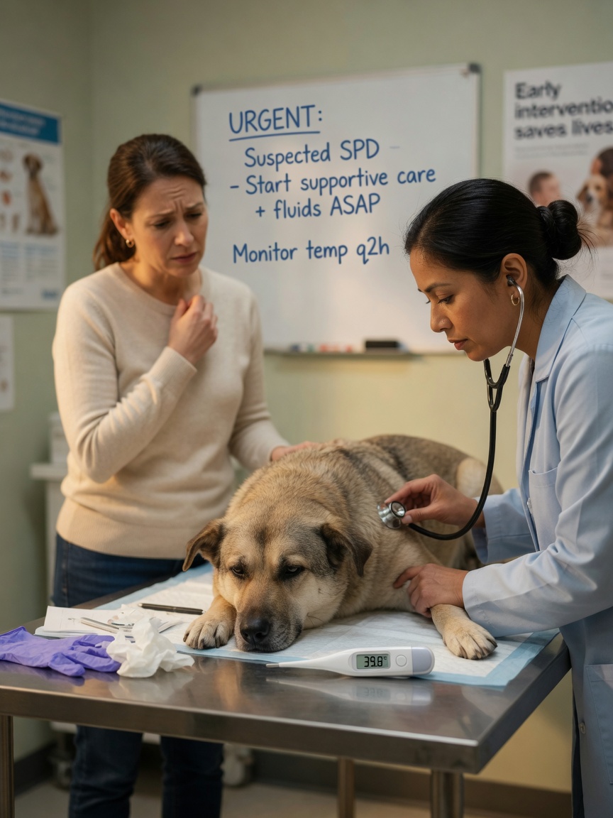 Veterinario che esamina un cane malato con uno stetoscopio in una clinica, sottolineando la necessità di cure mediche immediate