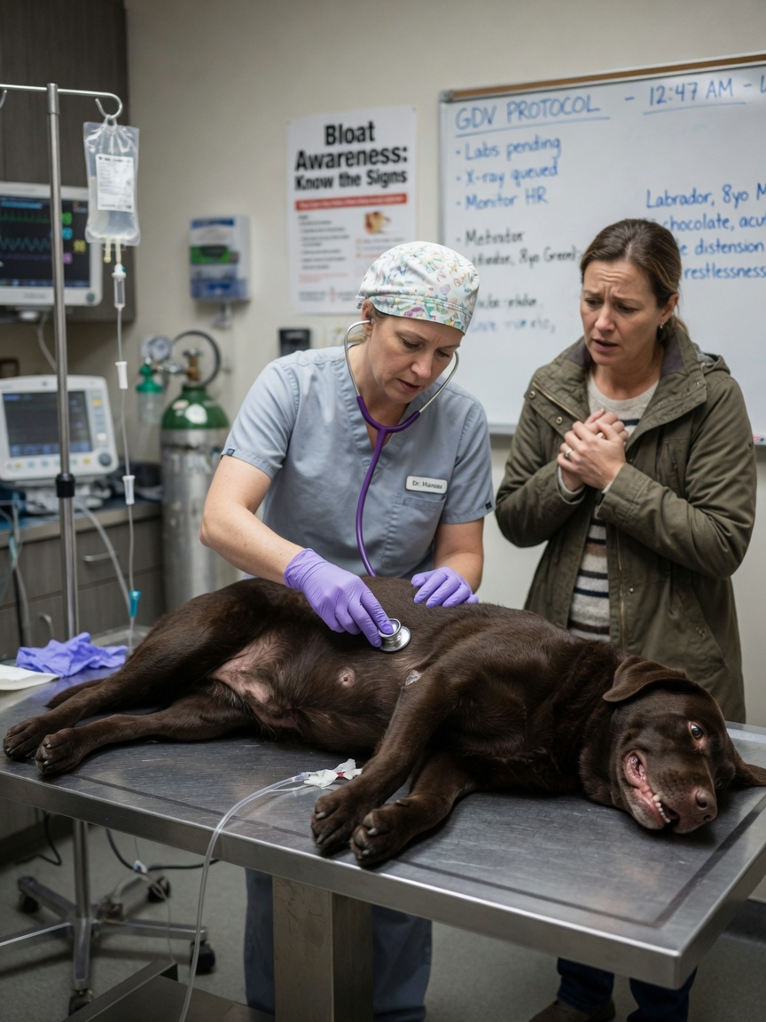 Veterinarian examining a distressed dog with abdominal bloating in emergency clinic