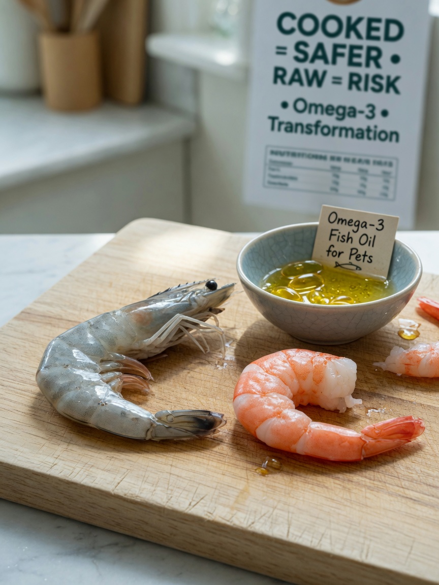 Raw and cooked shrimp on wooden cutting board showing preparation difference and nutritional benefits