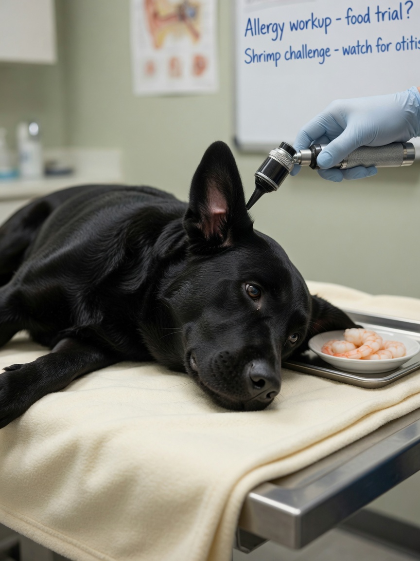 Black Labrador at vet clinic being examined for allergic reaction, ear irritation assessment for shellfish allergy
