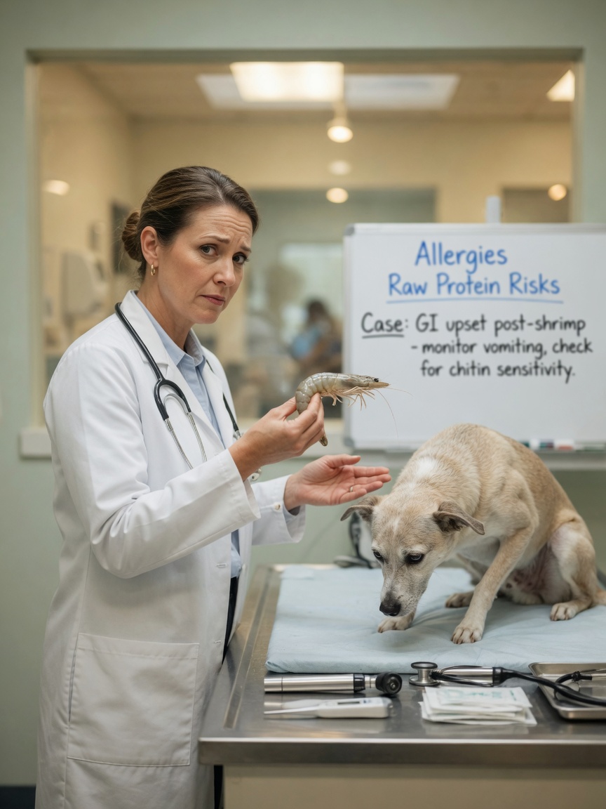 Veterinarian explaining the dangers of raw shrimp to a concerned dog owner during a consultation