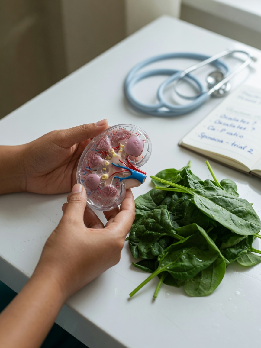 Le mani del nutrizionista veterinario esaminano il modello di rene accanto agli spinaci freschi sul tavolo di esame