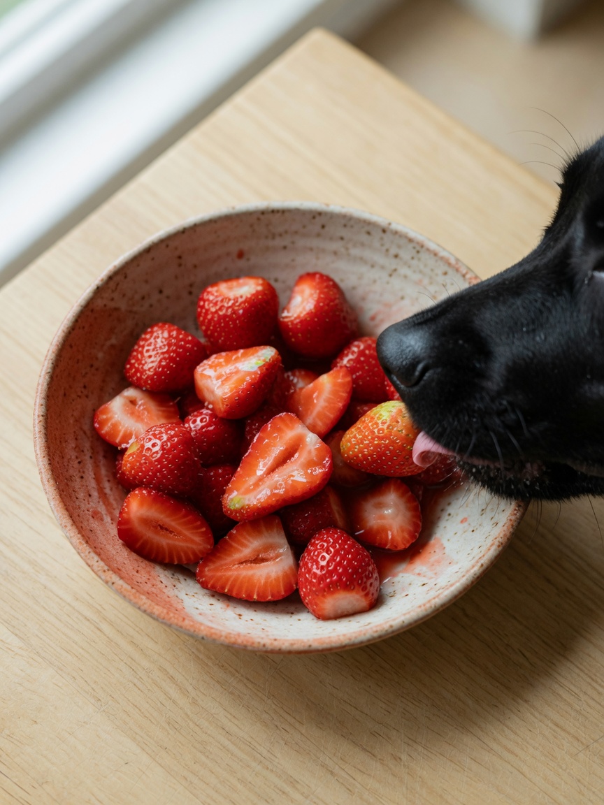 Black Labrador sniffing a bowl of fresh halved strawberries on a wooden table