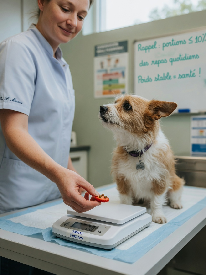 Veterinarian demonstrating proper strawberry portion size on a scale with small dog watching
