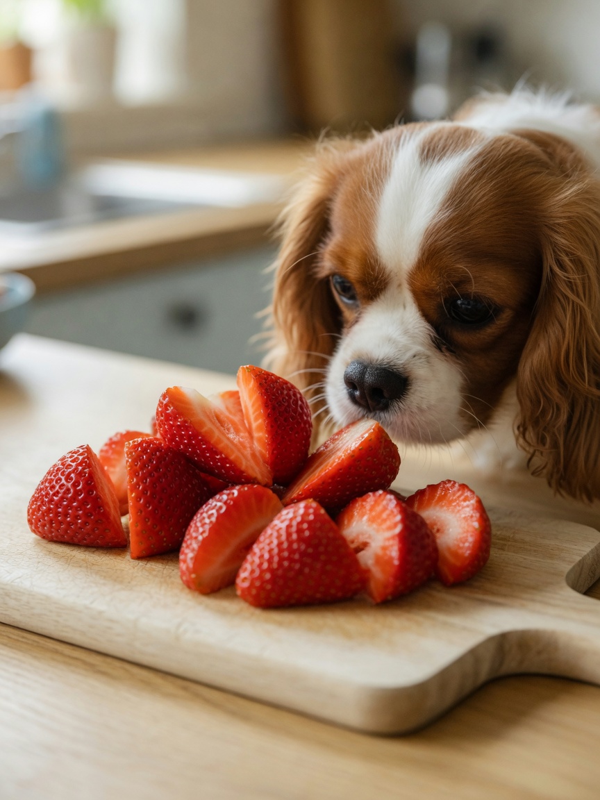 Small dog sniffing fresh quartered strawberries arranged on a wooden board