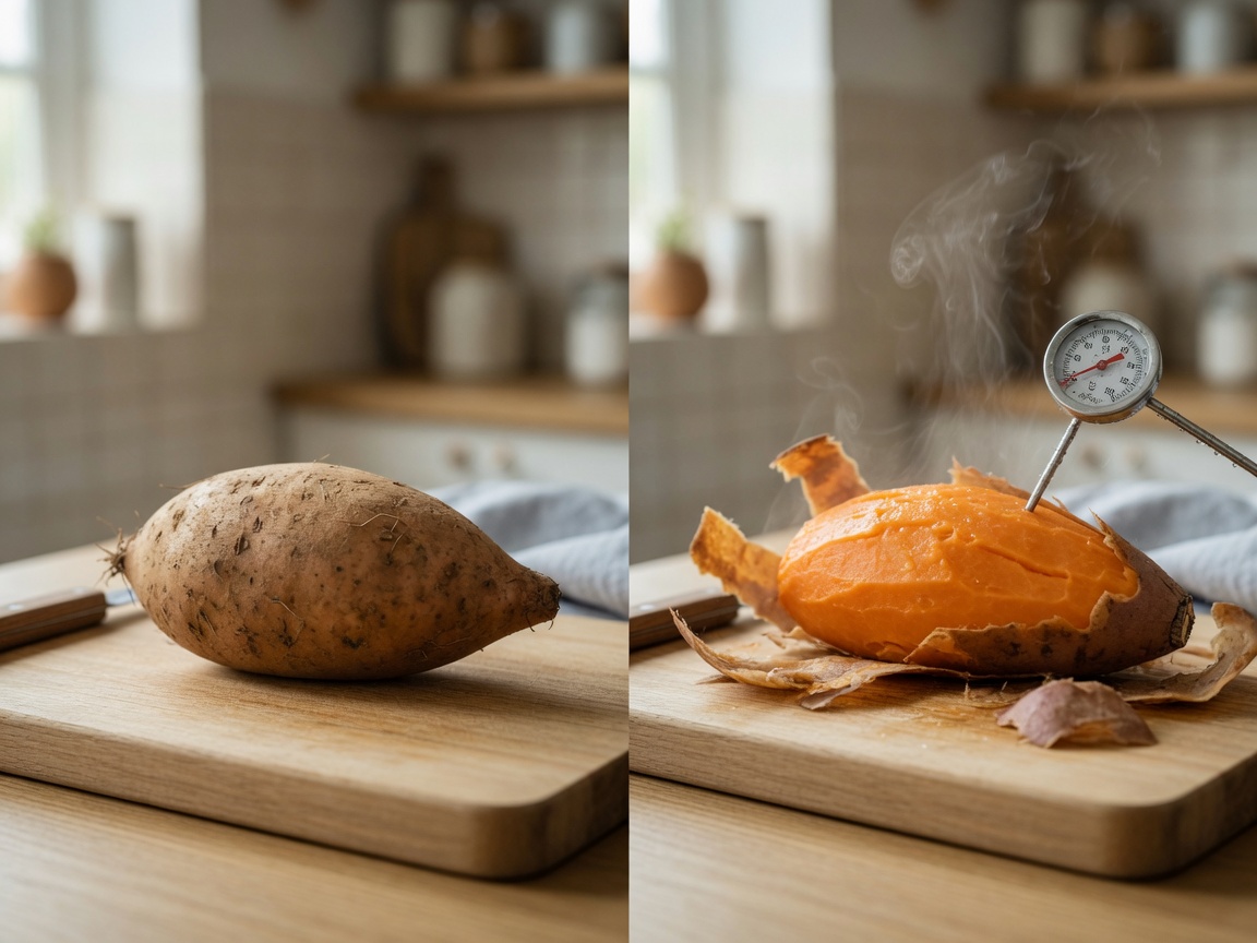 Batatas-doces cruas e cozidas expostas lado a lado mostrando diferenças de textura e preparação