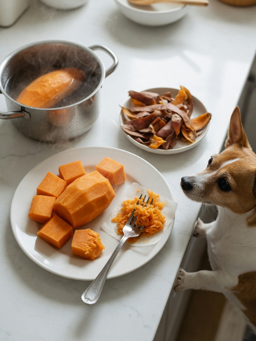 Overhead view of properly prepared cooked sweet potato cubes on a plate with preparation steps visible, a small terrier watching from the side