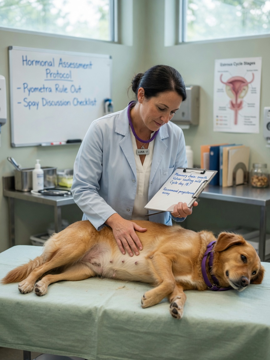 Veterinarian examining an intact female dog for hormonal health concerns