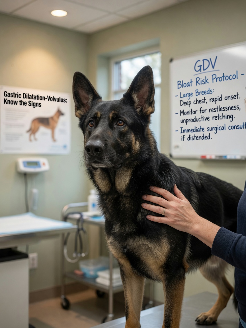 Large German Shepherd with owner at veterinary clinic highlighting bloat risk awareness