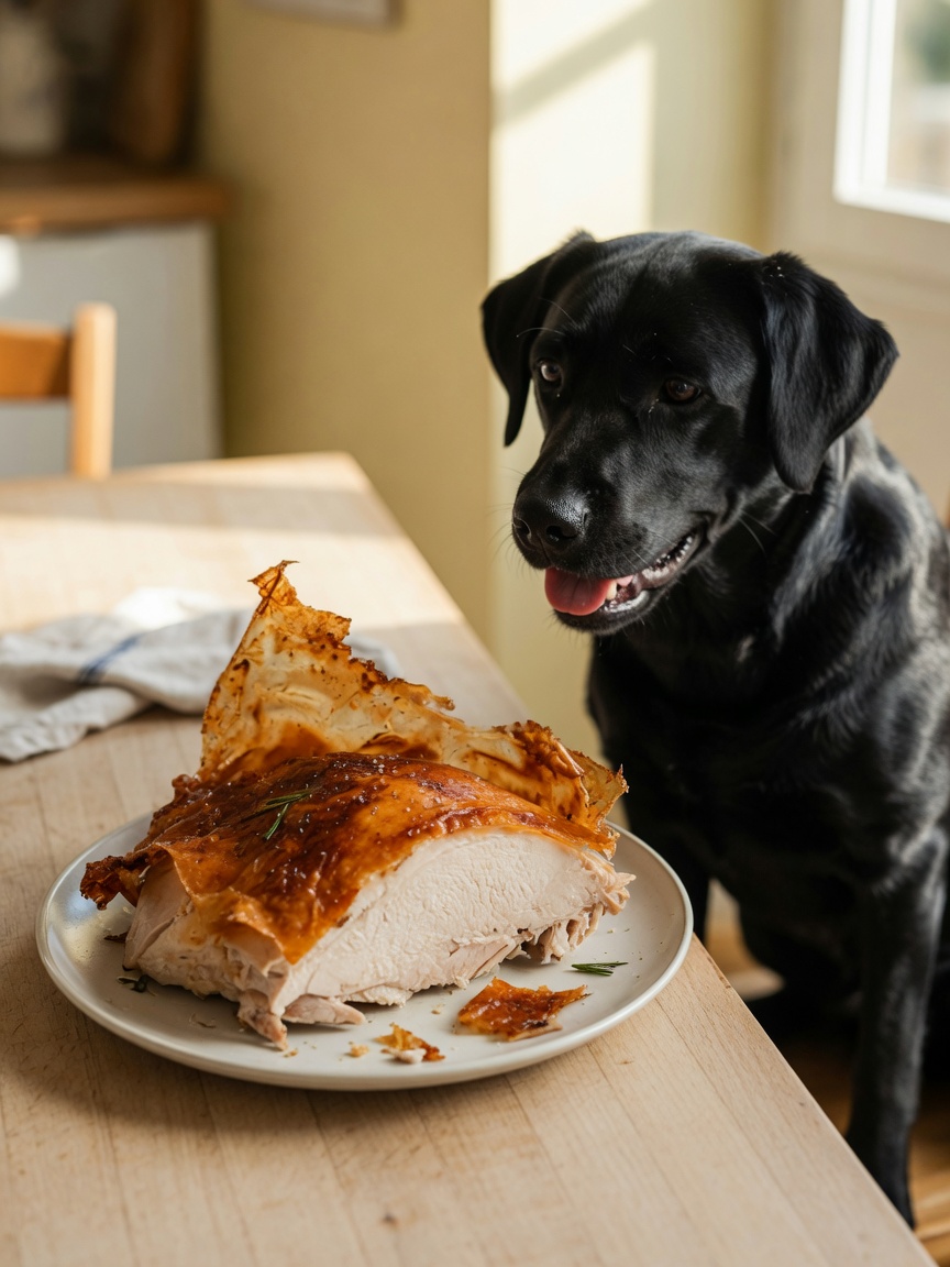 Crispy golden turkey skin on plate with black Labrador retriever watching intently from beside table