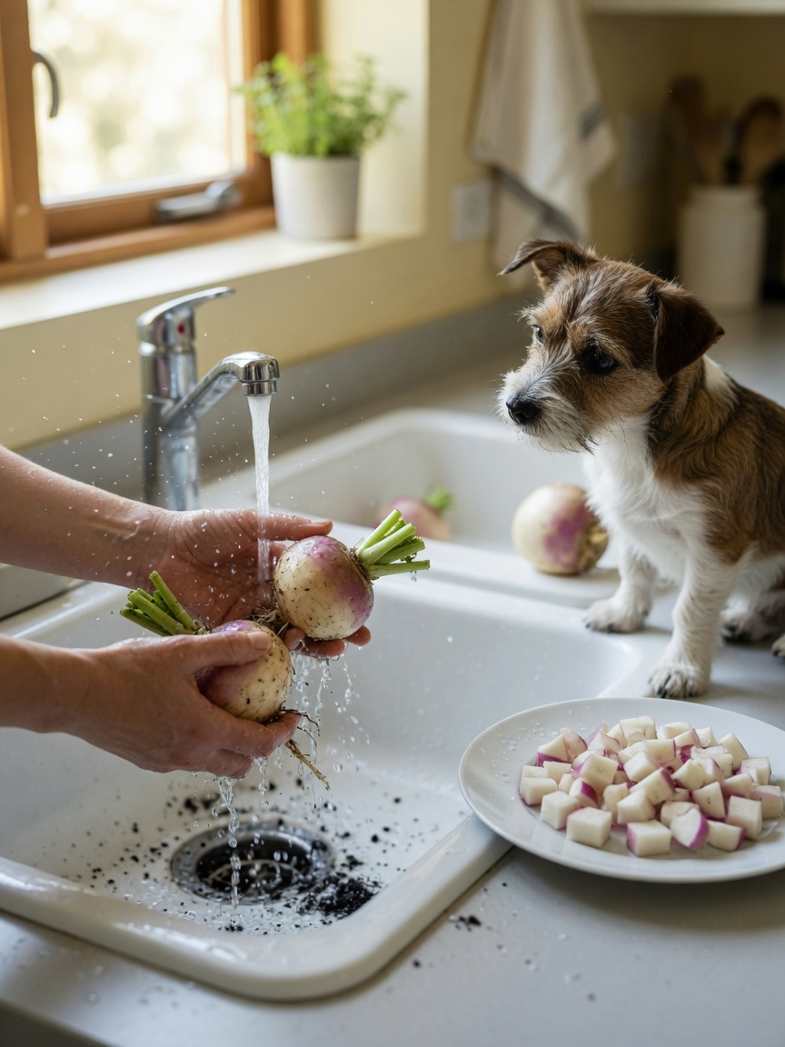 Hands washing turnips under running water with diced turnip pieces and a dog watching nearby