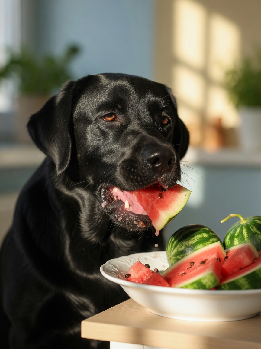 Black Labrador Retriever che gode di uno snack di anguria alla luce solare estiva con pezzi di anguria fresca nelle vicinanze