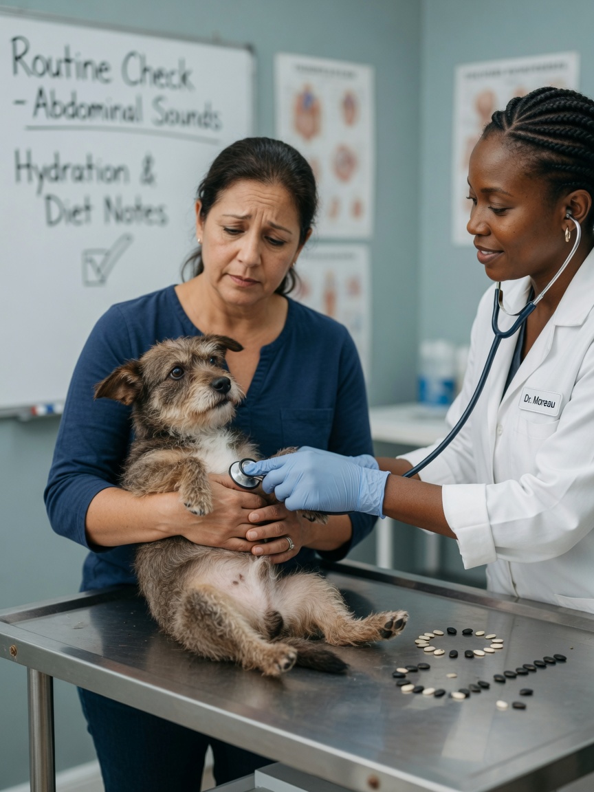 Veterinarian examining a small dog during consultation about watermelon seed ingestion with seeds displayed on examination table