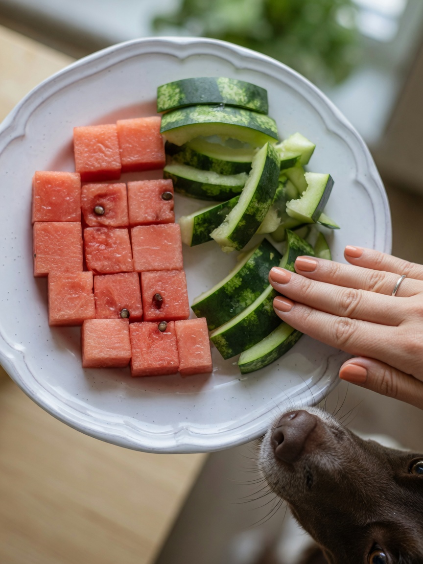 Watermelon flesh and rind separated on a plate with a dog reaching toward it while being gently blocked from accessing the rind