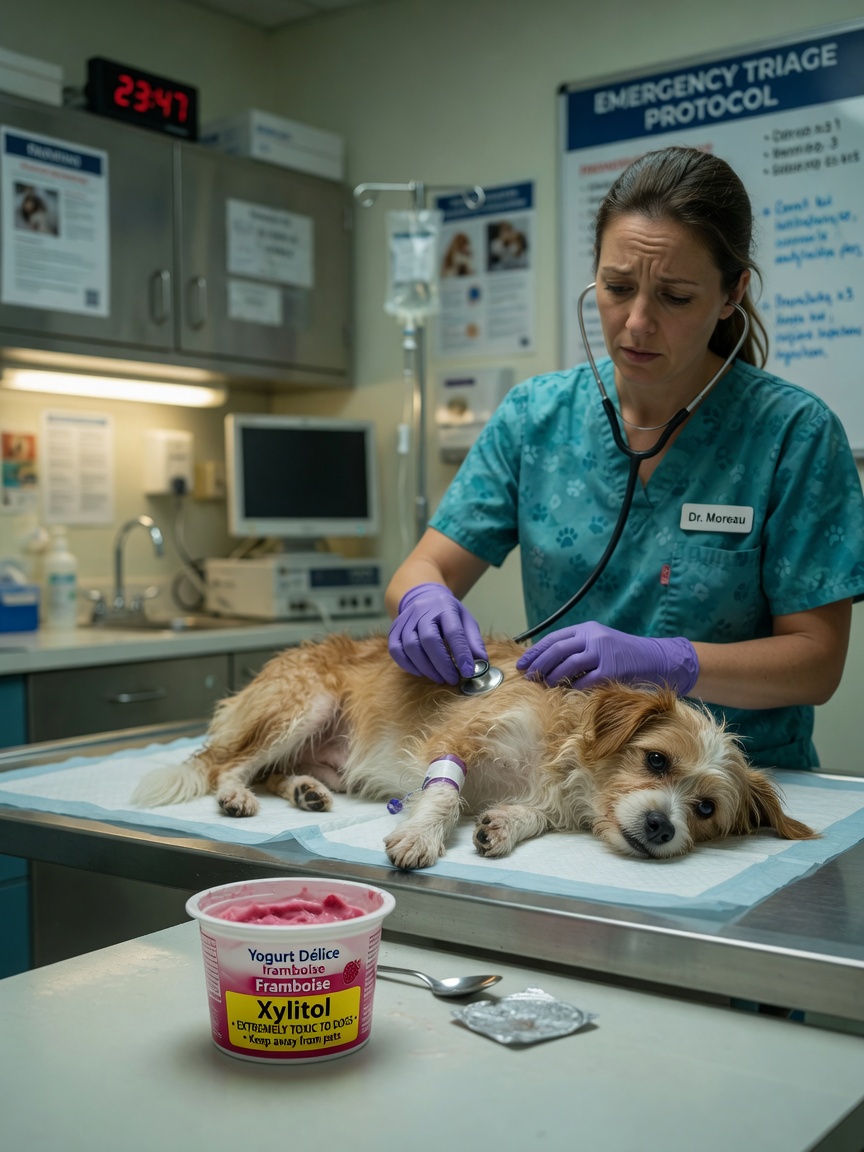 Veterinarian examining a small unwell dog in emergency clinic with flavoured yogurt container visible, highlighting xylitol toxicity risk