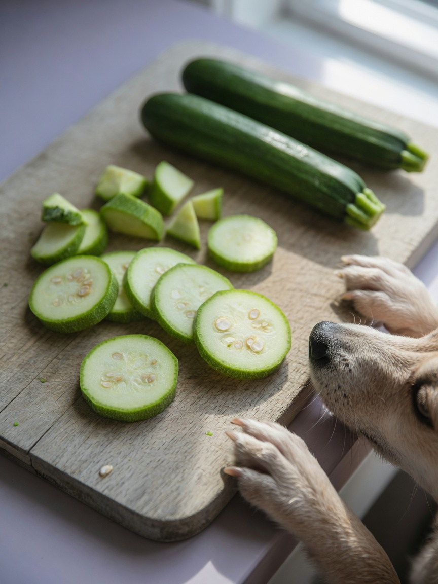 Fresh zucchini and vegetables on cutting board with dog sniffing nearby