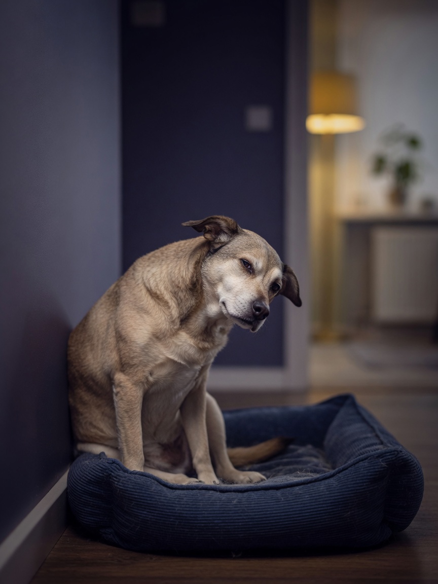 Dog displaying signs of head pain: withdrawn in a dark corner with lowered head, flattened ears, and facial tension