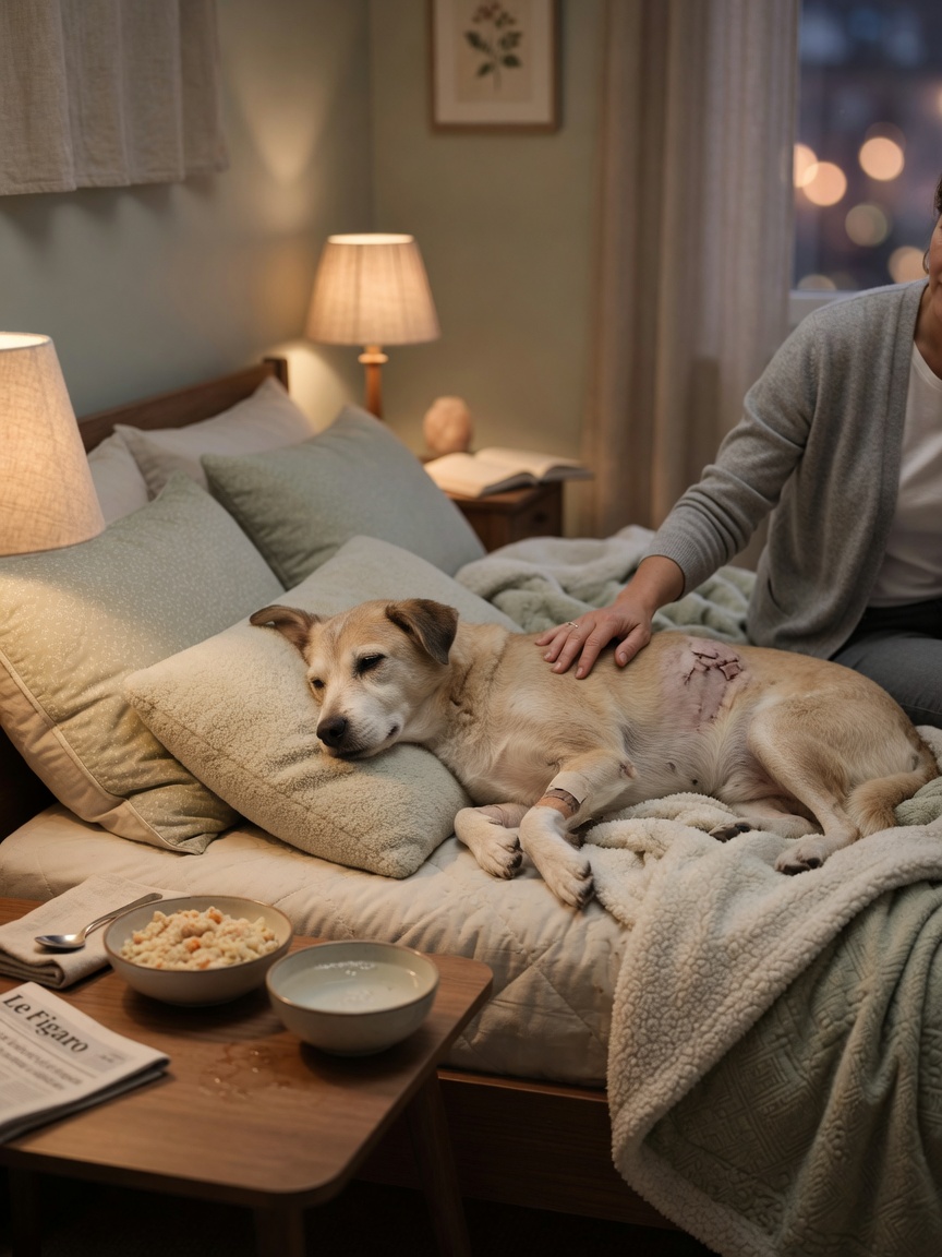 Dog resting comfortably on soft bedding with owner's gentle hand nearby and water and soft food within reach