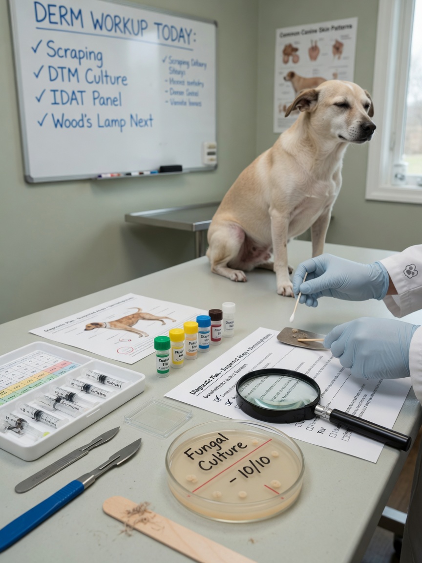 Veterinary diagnostic tools and instruments arranged on an examination table for dog skin condition testing