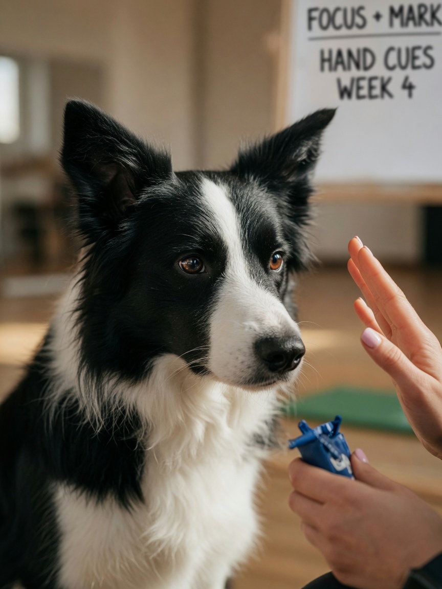 Border Collie intensely watching handler's hand signals during sign language training