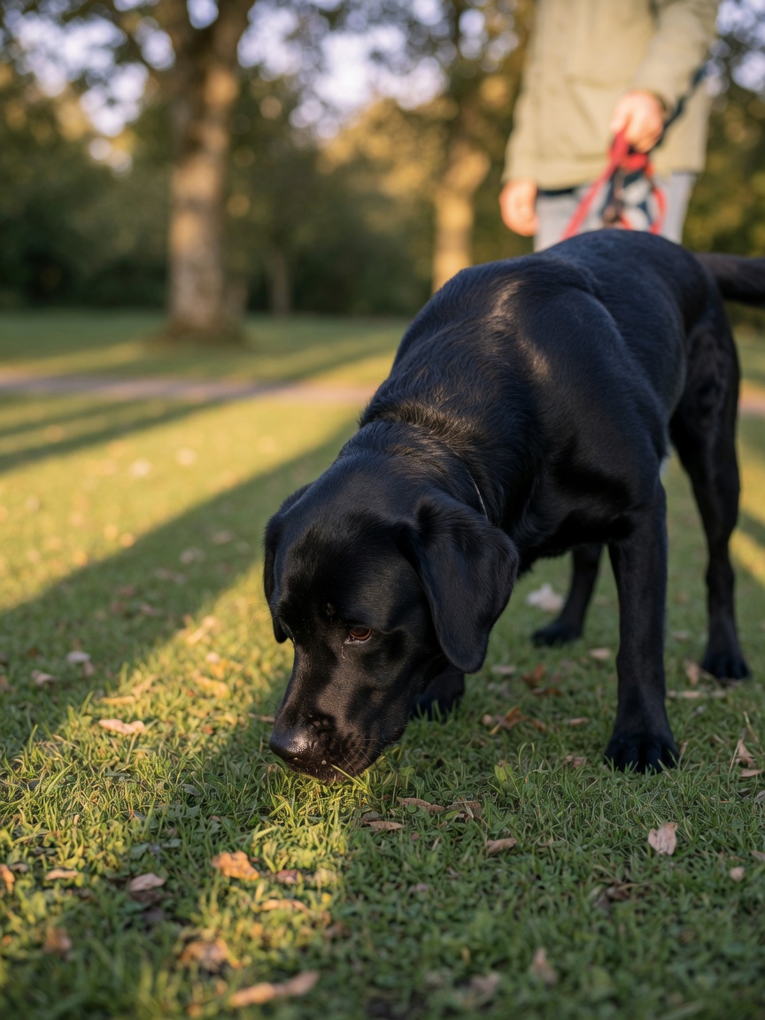 Black Labrador sniffing the ground to detect scent markings during a park walk