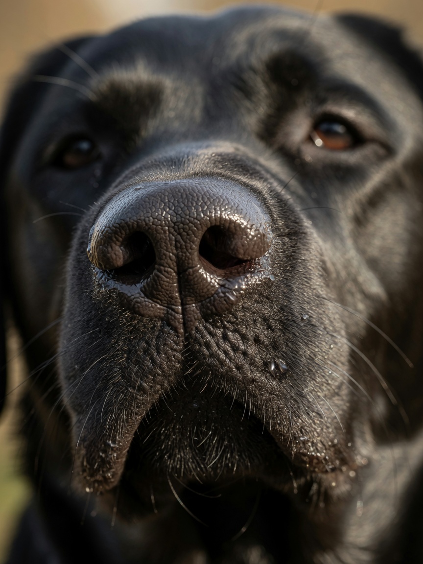 Macro close-up of black Labrador dog's nose showing detailed olfactory anatomy and moisture