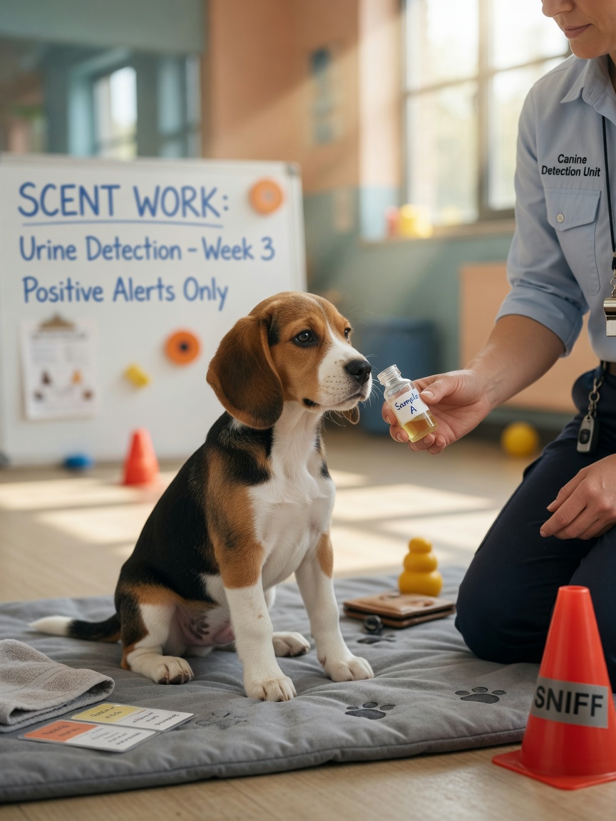 Young beagle puppy in early medical detection training learning to identify cancer scent samples
