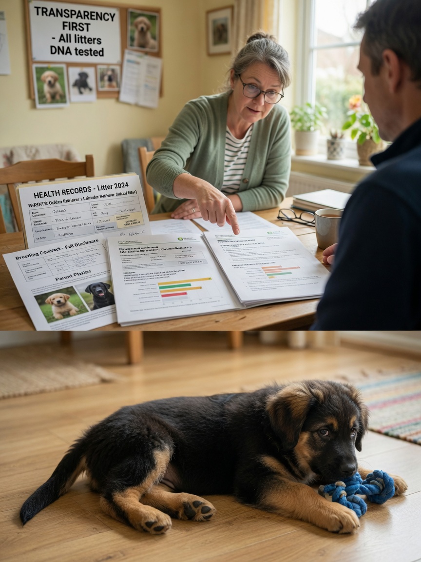 Breeder discussing health documentation with buyer while mixed-breed black and golden puppy plays nearby