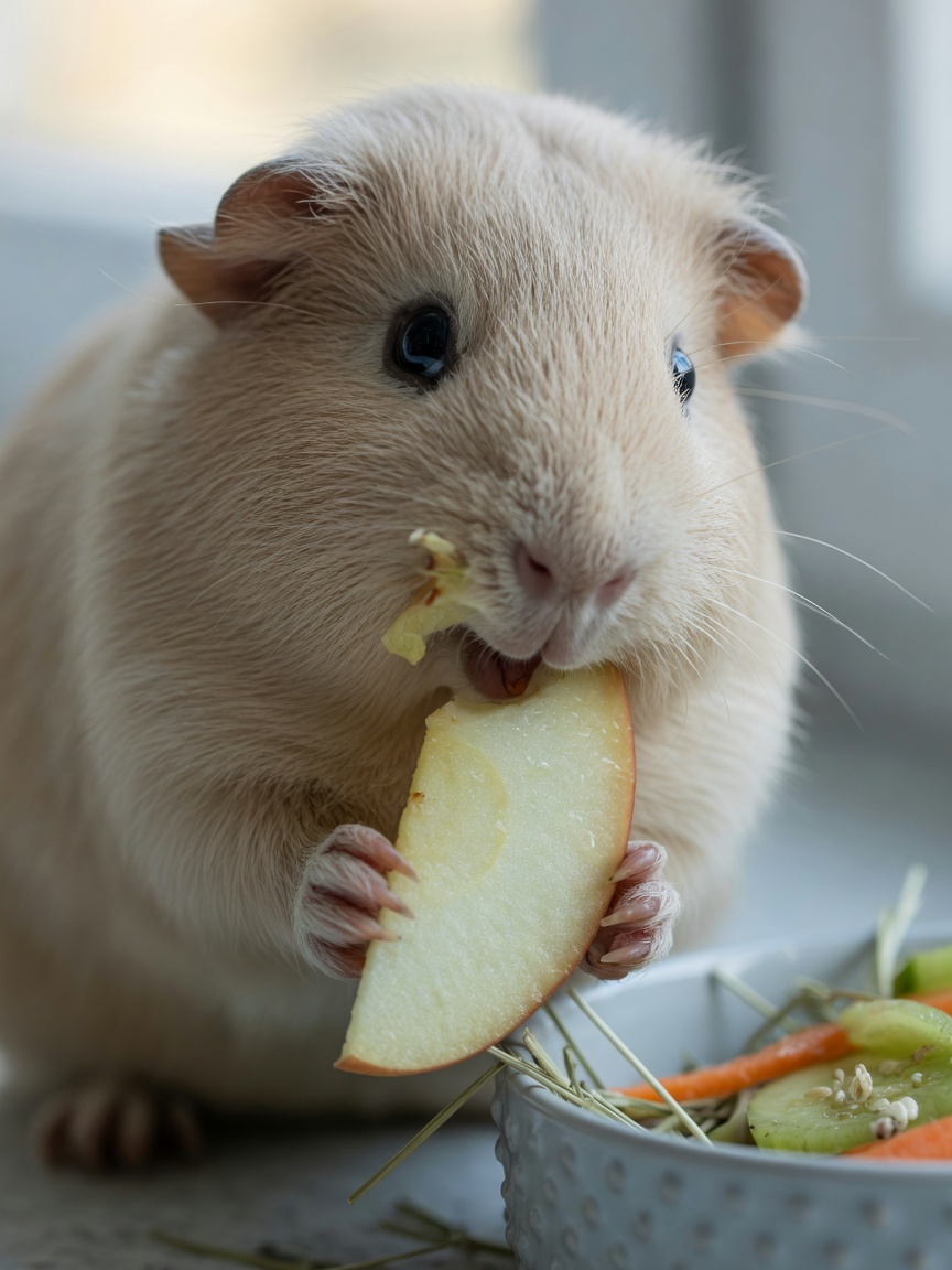 Guinea pig eating a thin apple slice, showing safe portion size