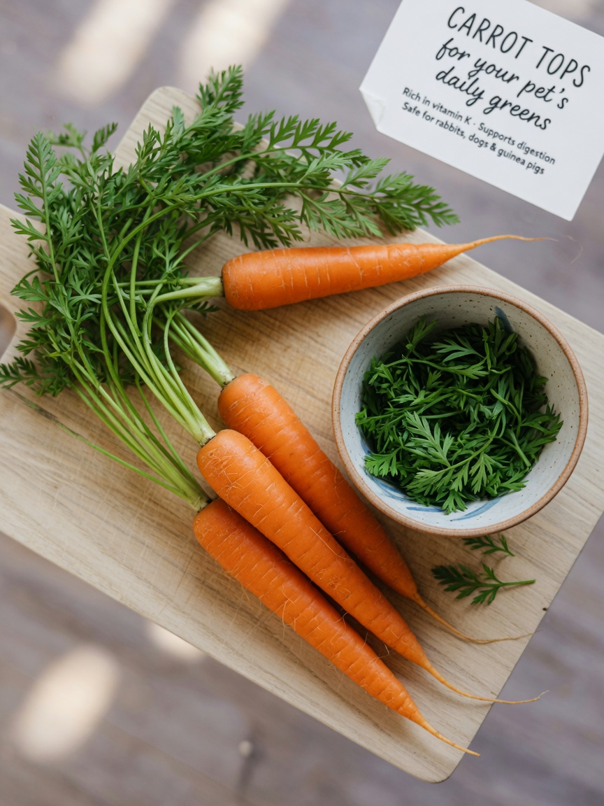 Fresh carrots with green leafy tops displayed on a wooden cutting board