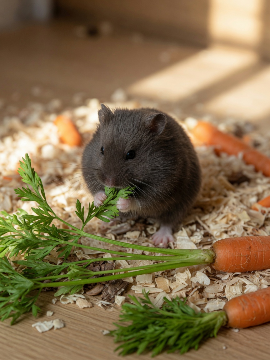 A dwarf hamster nibbling fresh green carrot tops on wood bedding, with whole carrots and leafy greens scattered around, demonstrating the lower-sugar leafy alternative to carrot roots.