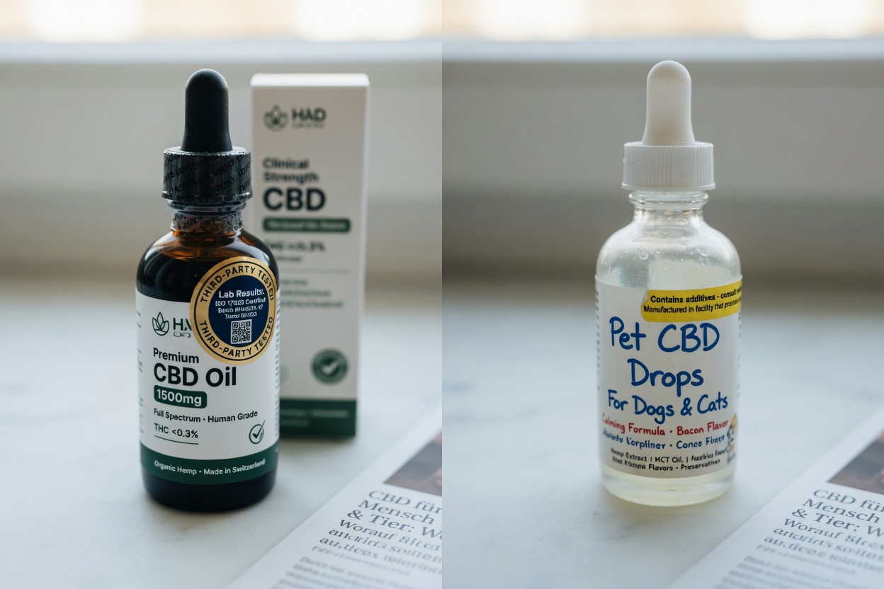Side-by-side comparison of a clear human-grade CBD product with professional labelling versus a generic pet CBD bottle showing the difference in regulatory standards