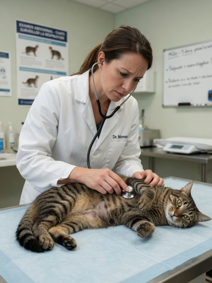 Veterinarian examining a cat's abdomen with stethoscope during diagnostic evaluation