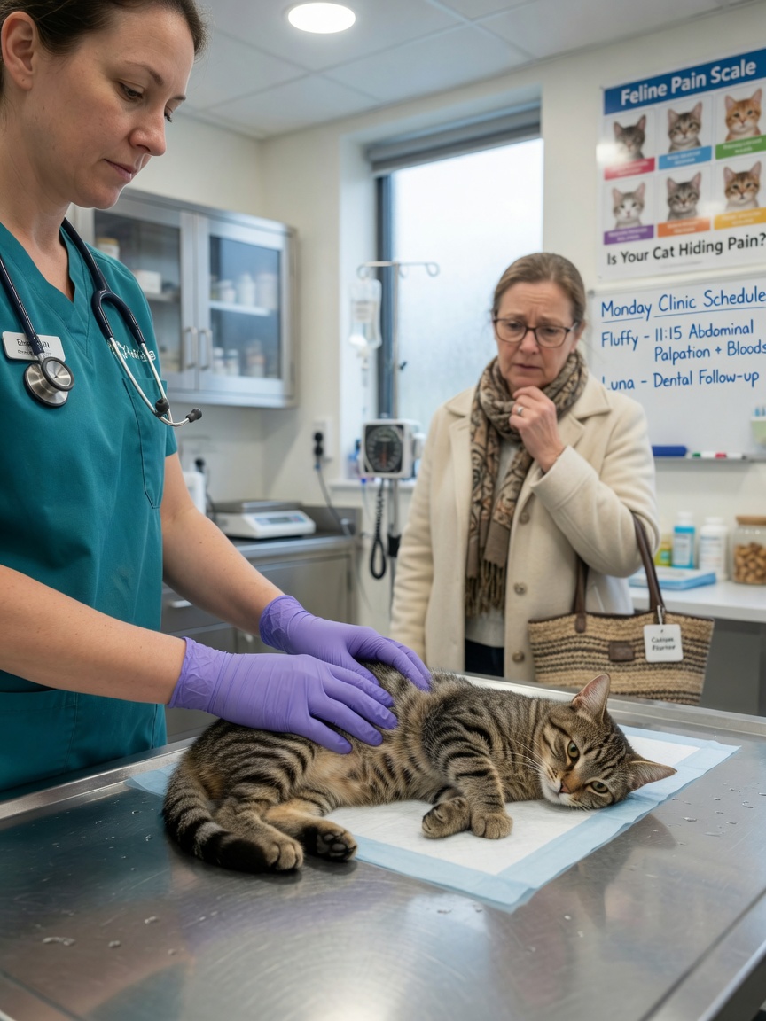 Veterinary nurse examining tabby cat on examination table with owner present in clinic