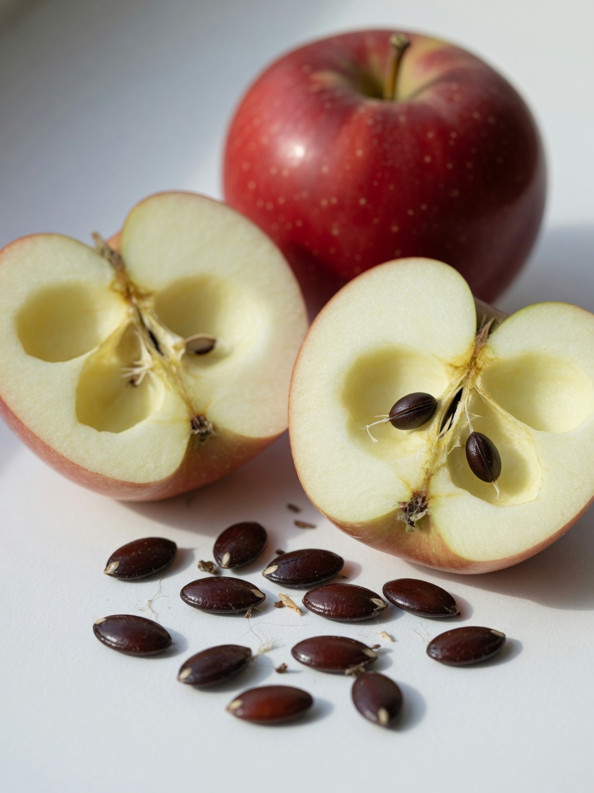 Macro close-up of apple seeds and cored apple showing the seed cavity with a whole apple in the background
