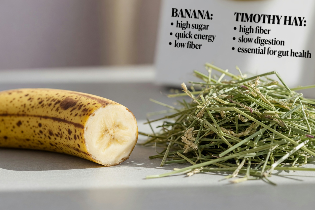 Ripe banana cut in half next to fresh timothy hay showing nutritional contrast between sugary fruit and fibrous rabbit food