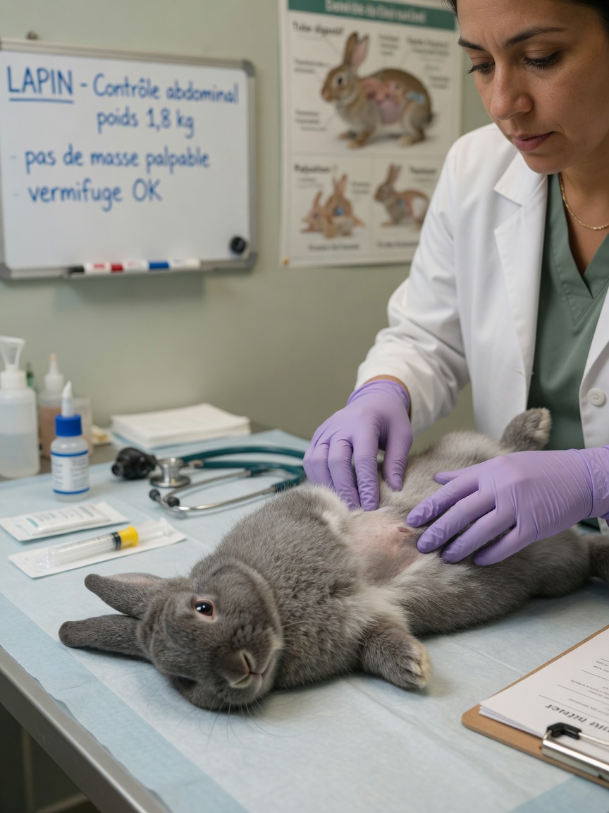 Veterinarian examining a grey rabbit's abdomen during a health checkup