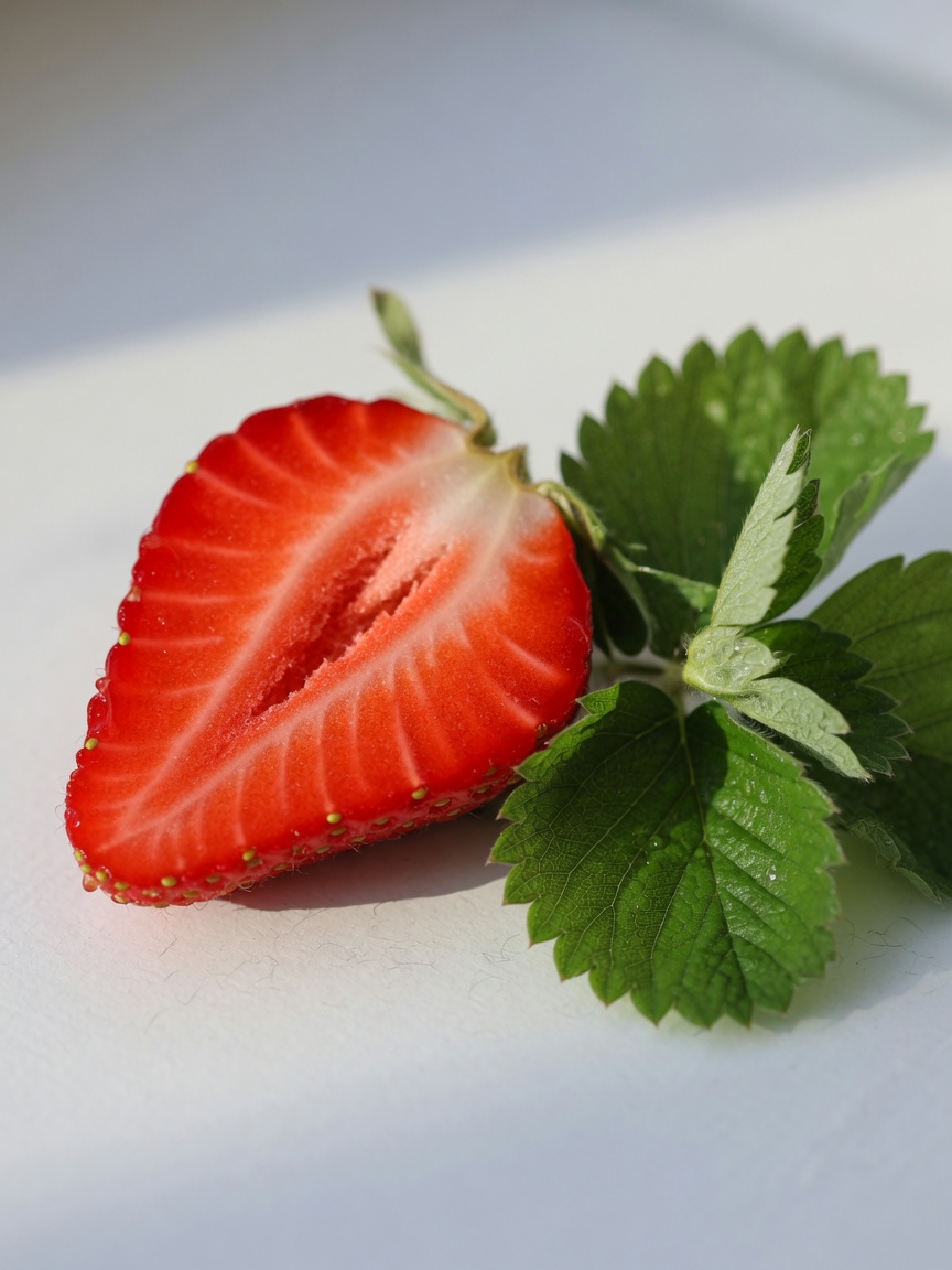 Close-up of halved strawberry with leaves showing nutritional structure and texture