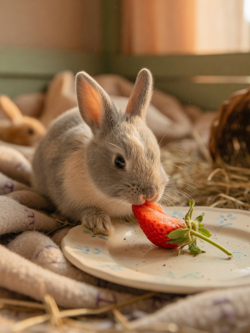 Un conejo comiendo un pequeño trozo de fresa con las hojas verdes en un plato en interiores
