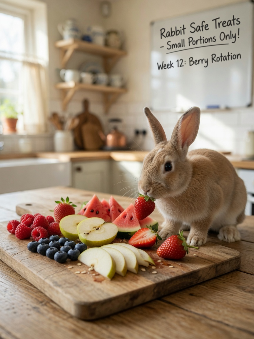 Una selección de frutas seguras para conejos organizadas en una tabla con un conejo cerca