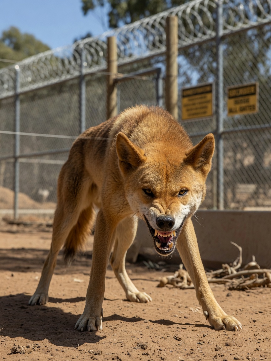 Aggressive wild dingo displaying territorial behavior with bared teeth in a large outdoor enclosure, illustrating behavioral dangers and containment challenges
