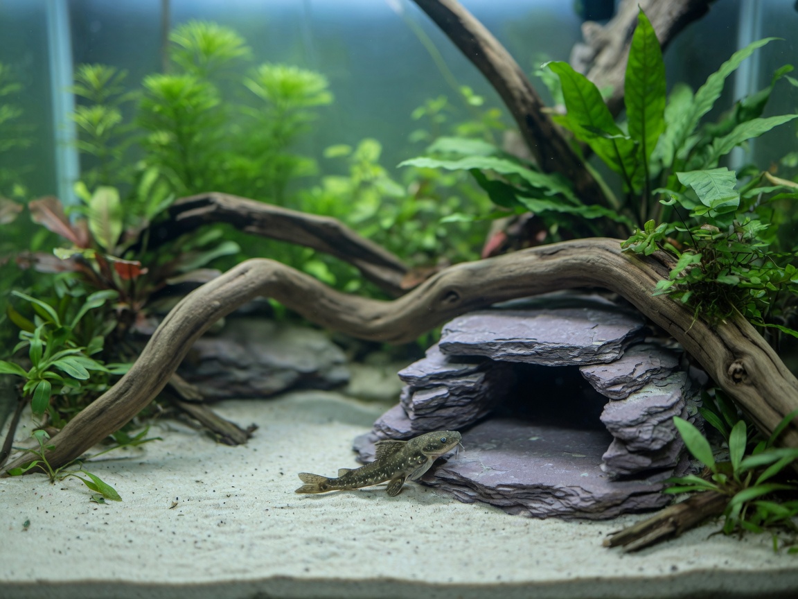 Aquarium setup with fine sand substrate, driftwood, plants and hiding caves for catfish