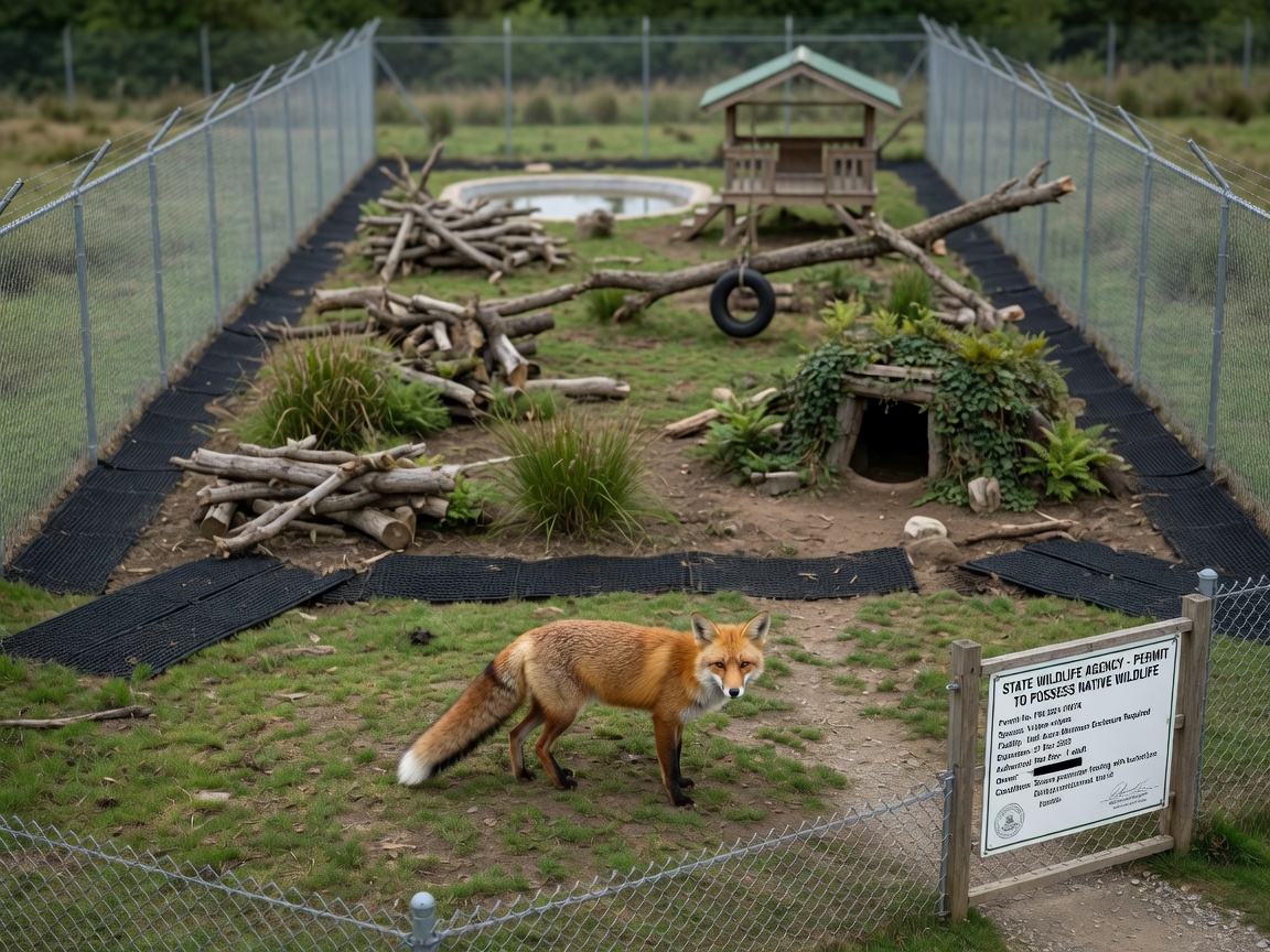 Red fox in spacious outdoor enclosure with secure fencing and underground barriers meeting legal housing requirements