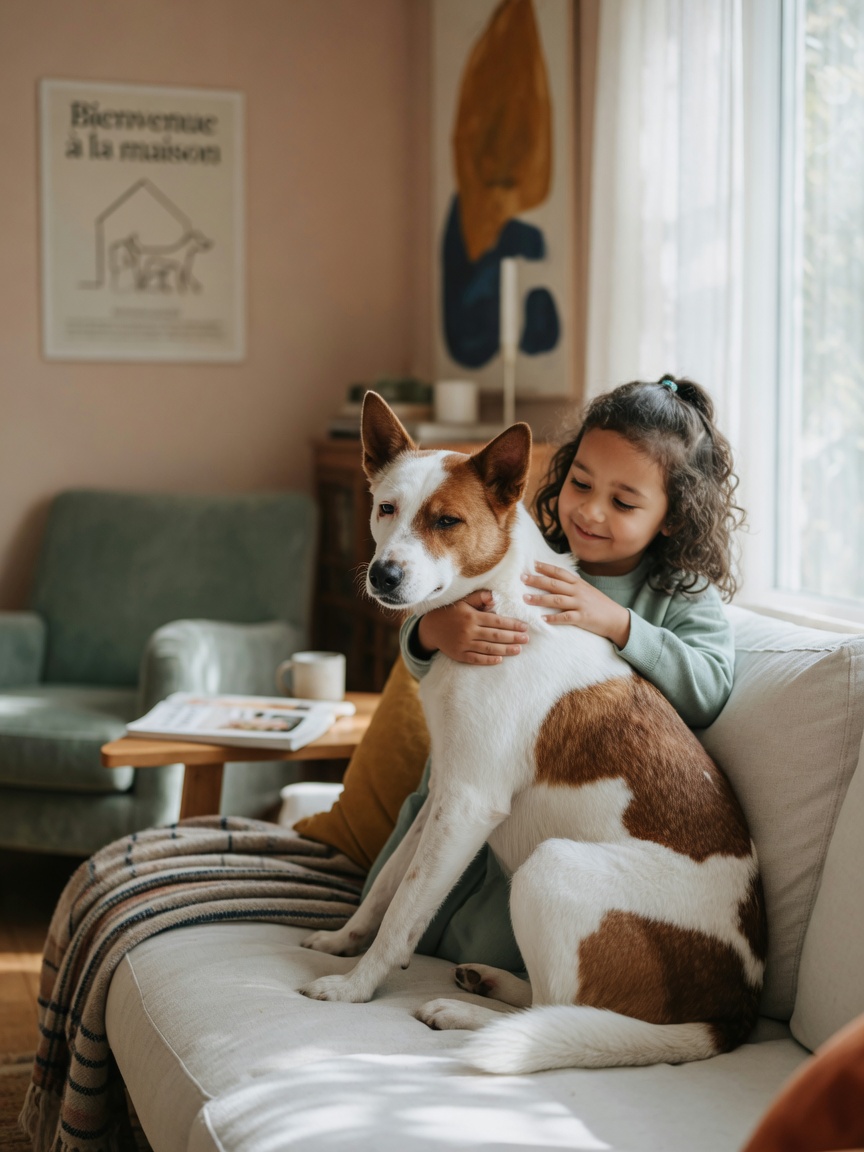 A Canaan Dog displaying affection with a family member indoors, showing bond and loyalty