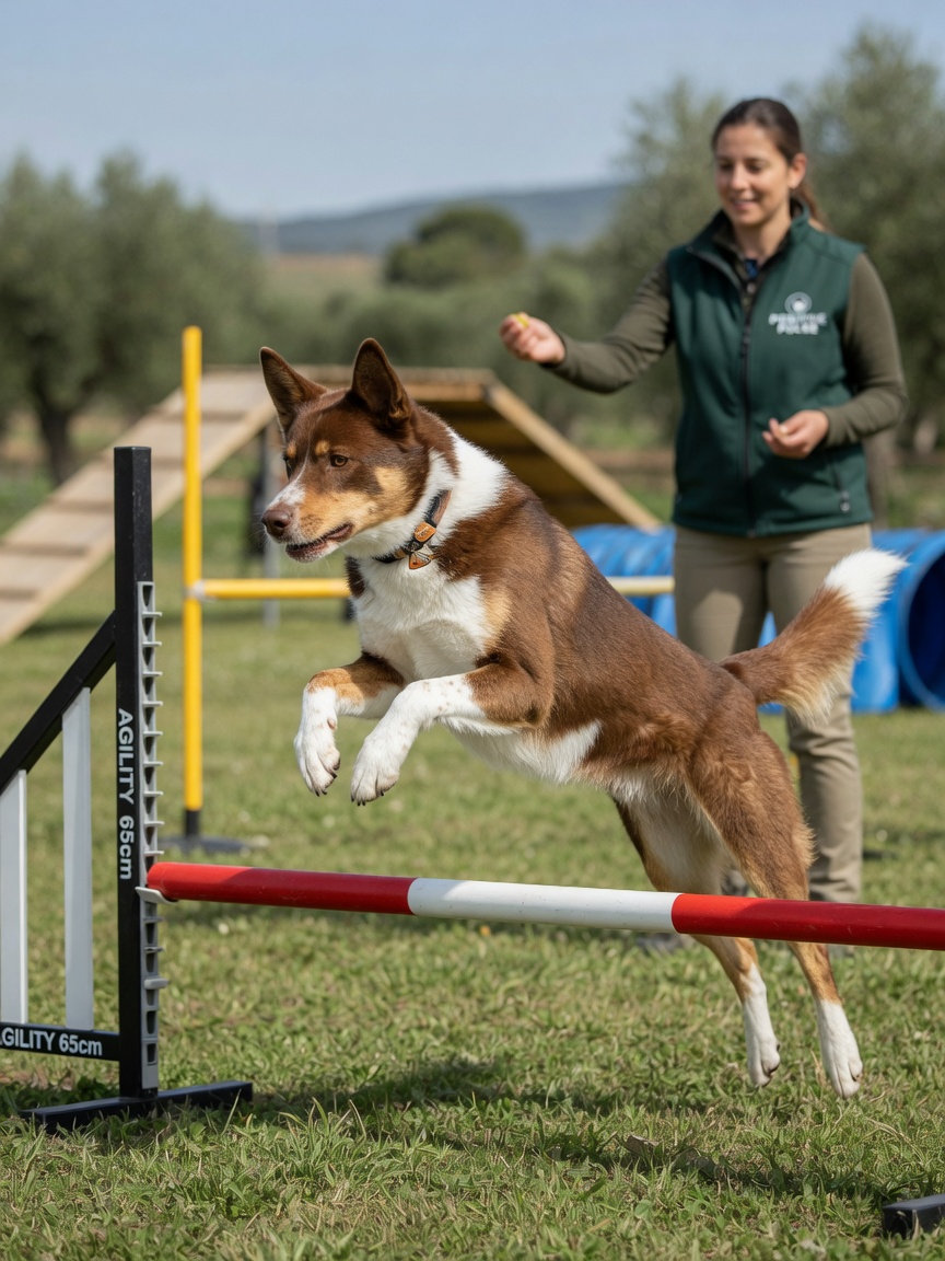A Canaan Dog performing agility training over a jump obstacle, demonstrating intelligence and athleticism