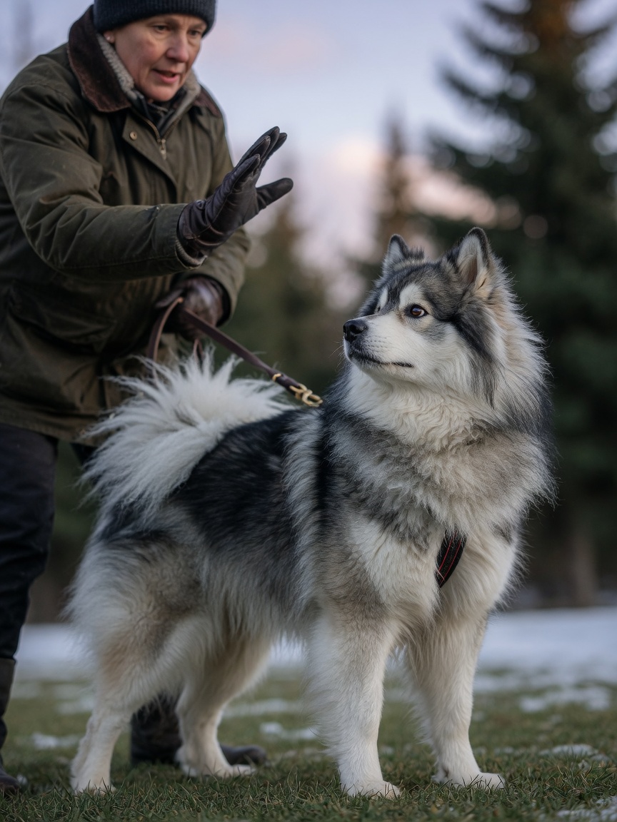 Experienced handler working with Canadian Eskimo Dog showing confident leadership and obedience training