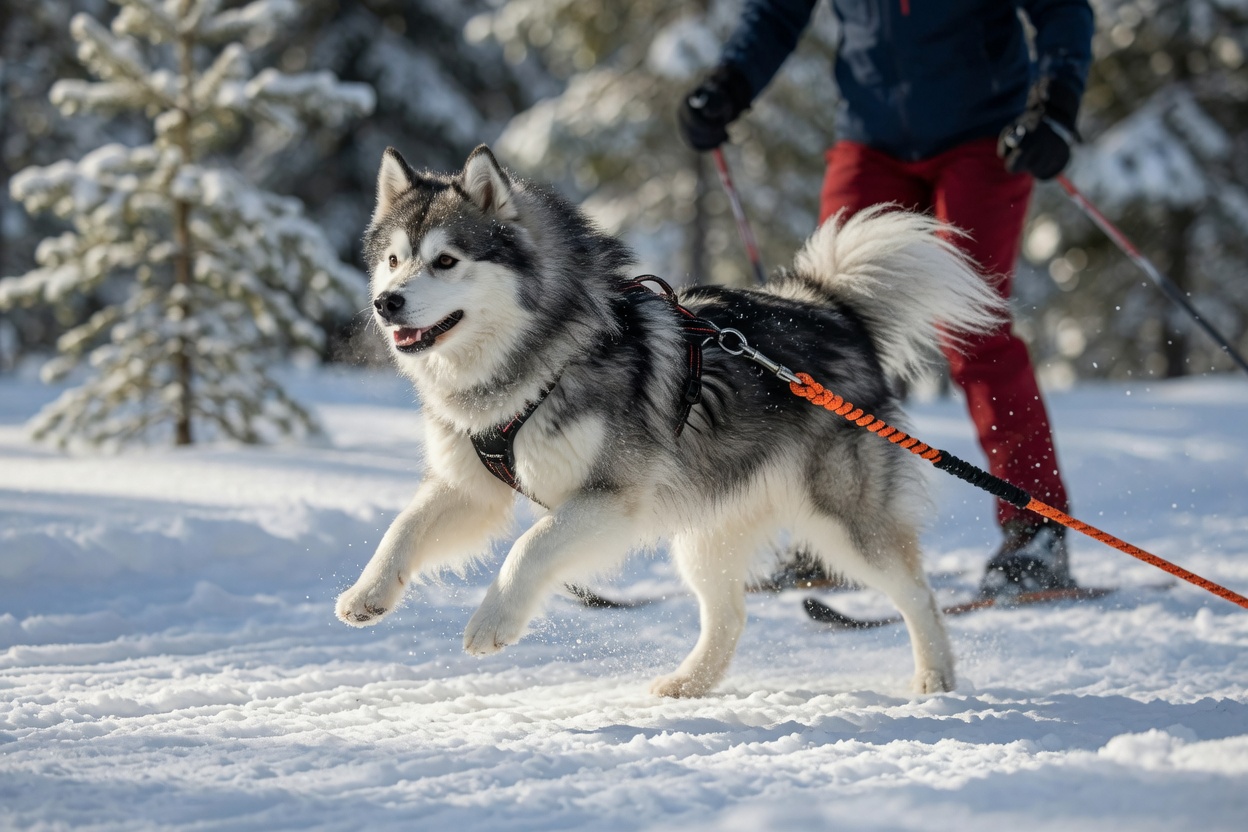 Canadian Eskimo Dog in harness pulling during winter skijoring activity demonstrating athletic ability and working drive
