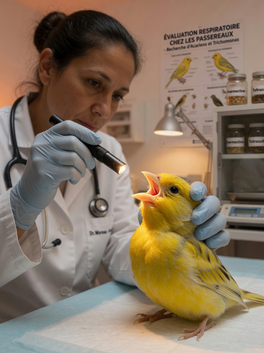 Veterinarian examining a yellow canary's throat with a torch to assess respiratory health and detect air sac mite infection.