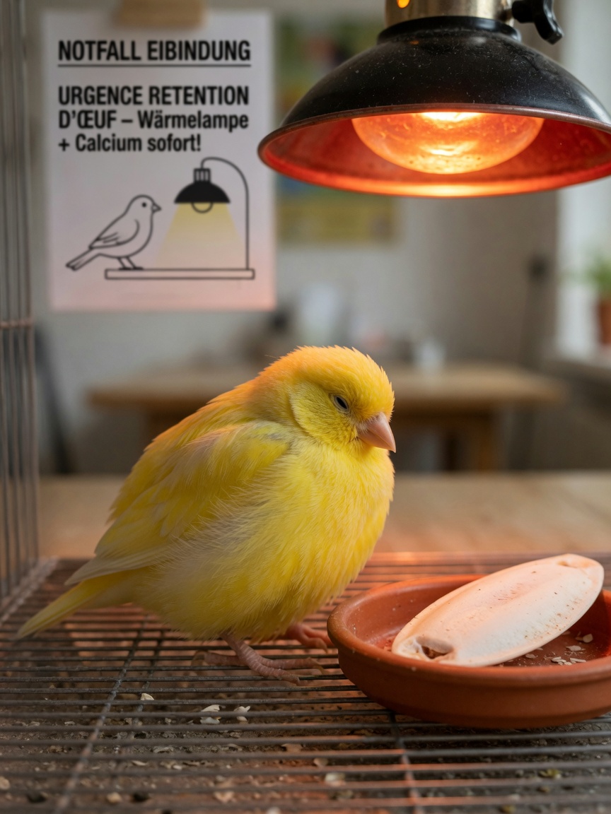Female canary sitting fluffed on cage floor near a heat lamp and cuttlebone, showing supportive care setup for egg binding management.